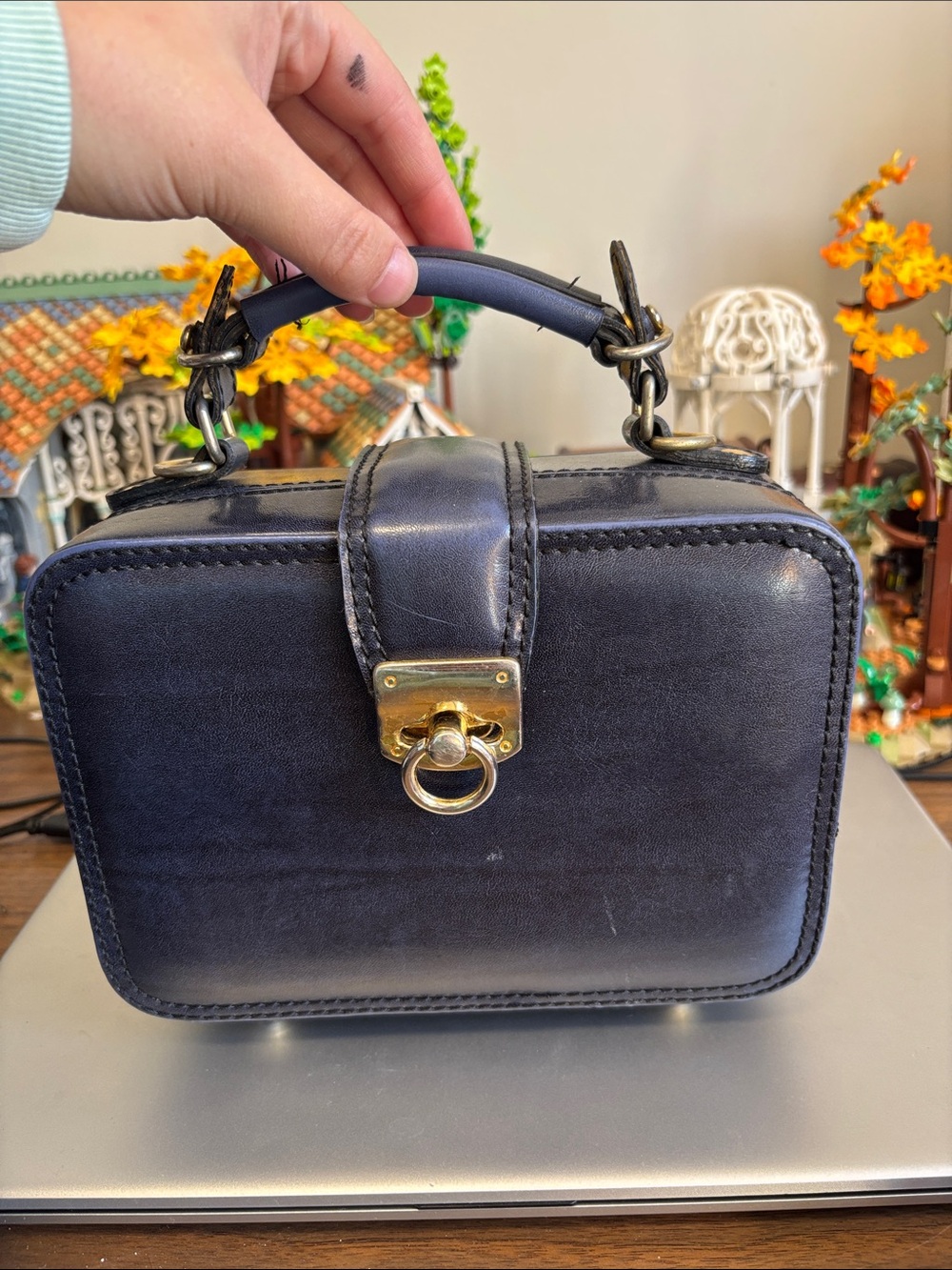 Classic Navy Top-Handle Lunch-Box Bag with Gold Hardware - Unbranded